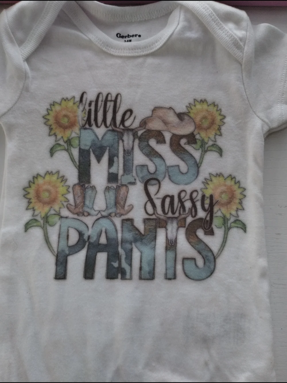 Gerber White Baby Tee with Blue and Brown 'Miss Sassy Pants' Graphic